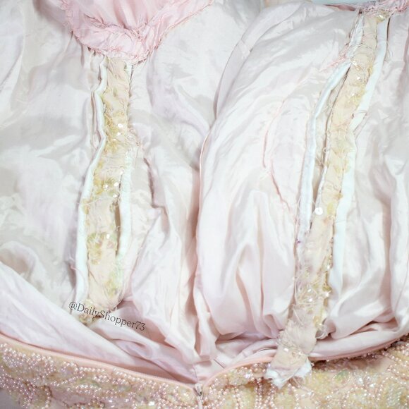 Handmade Women's Pastel Pink Sequin & Bead Satin Chiffon Handkerchief Hem Dress - Picture 8 of 10